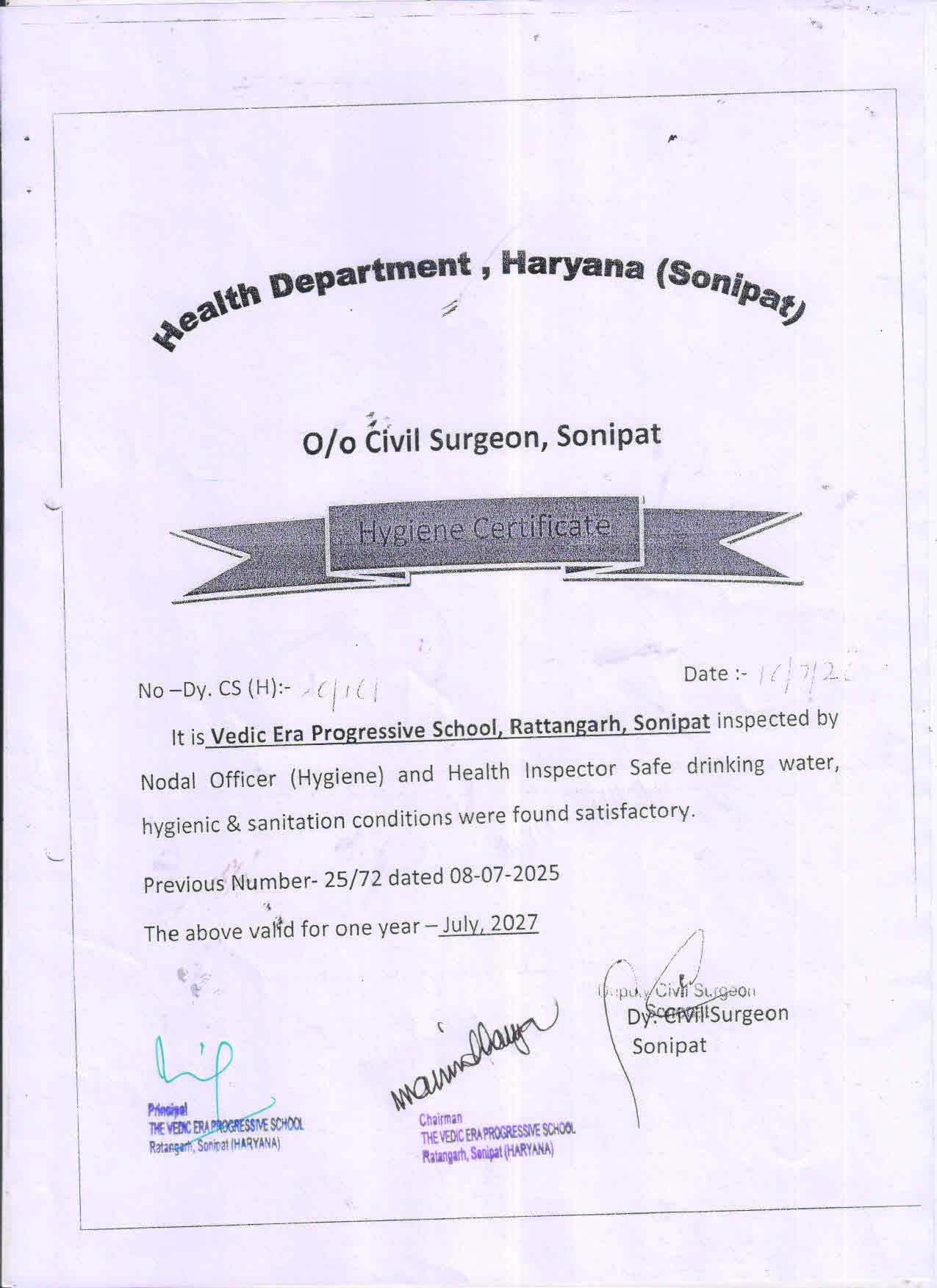 Water, Health and Sanitation Certificate